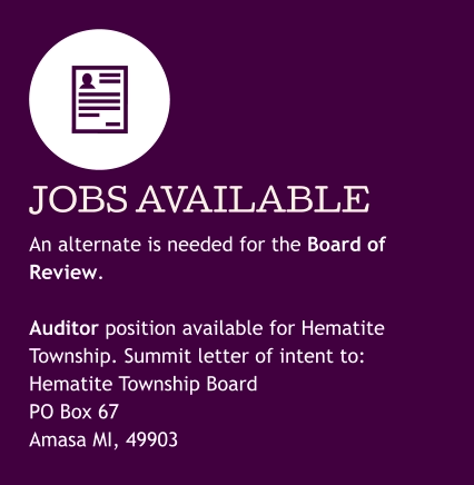 An alternate is needed for the Board of Review.  Auditor position available for Hematite Township. Summit letter of intent to: Hematite Township Board PO Box 67 Amasa MI, 49903 JOBS AVAILABLE