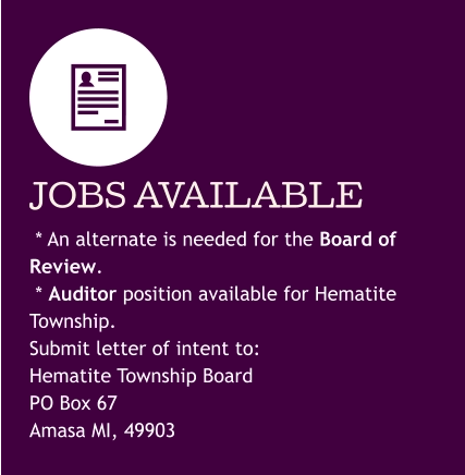 * An alternate is needed for the Board of Review.  * Auditor position available for Hematite Township.Submit letter of intent to: Hematite Township Board PO Box 67 Amasa MI, 49903 JOBS AVAILABLE